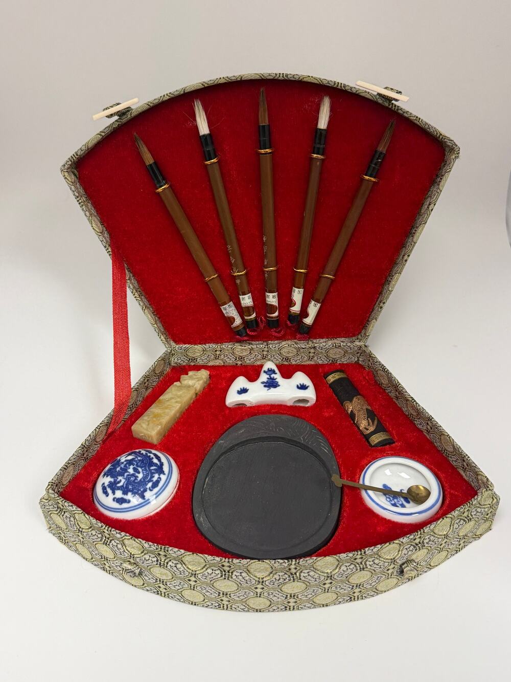 Chinese Calligraphy Set Fan Brocade Case 5 Brushes Inkstone Carved Stone Seal